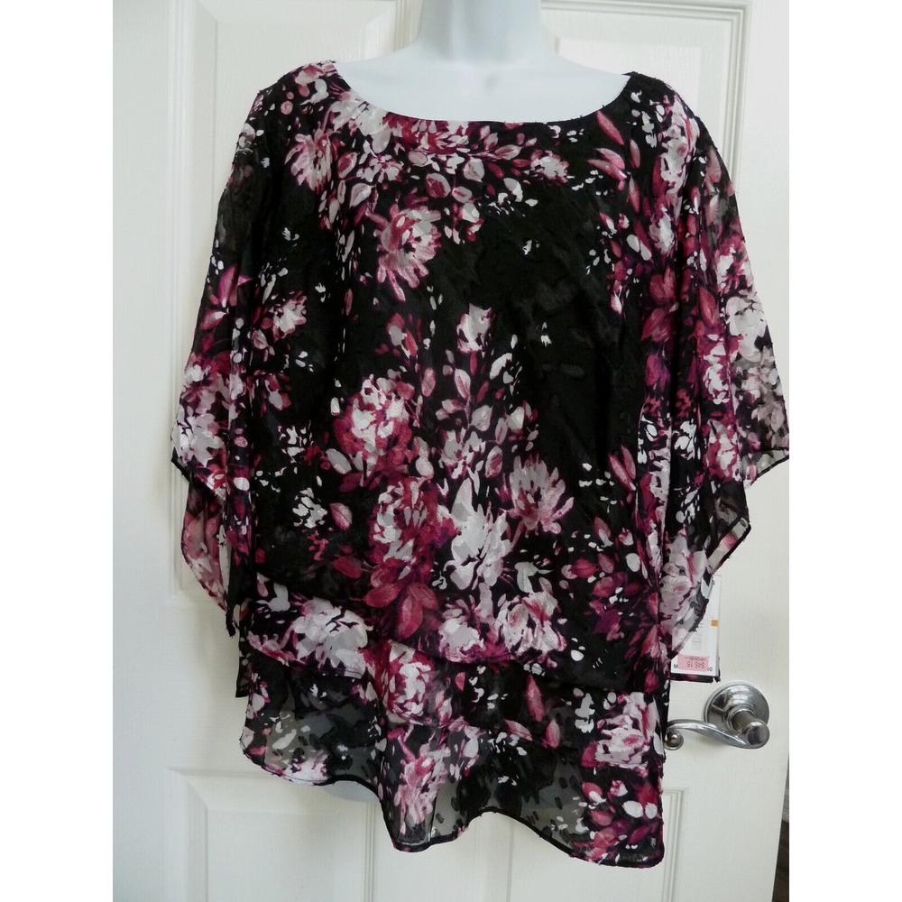 Alex Evenings Womens 3X Floral Burnout Tiered Blouse Formal Purple Black NEW